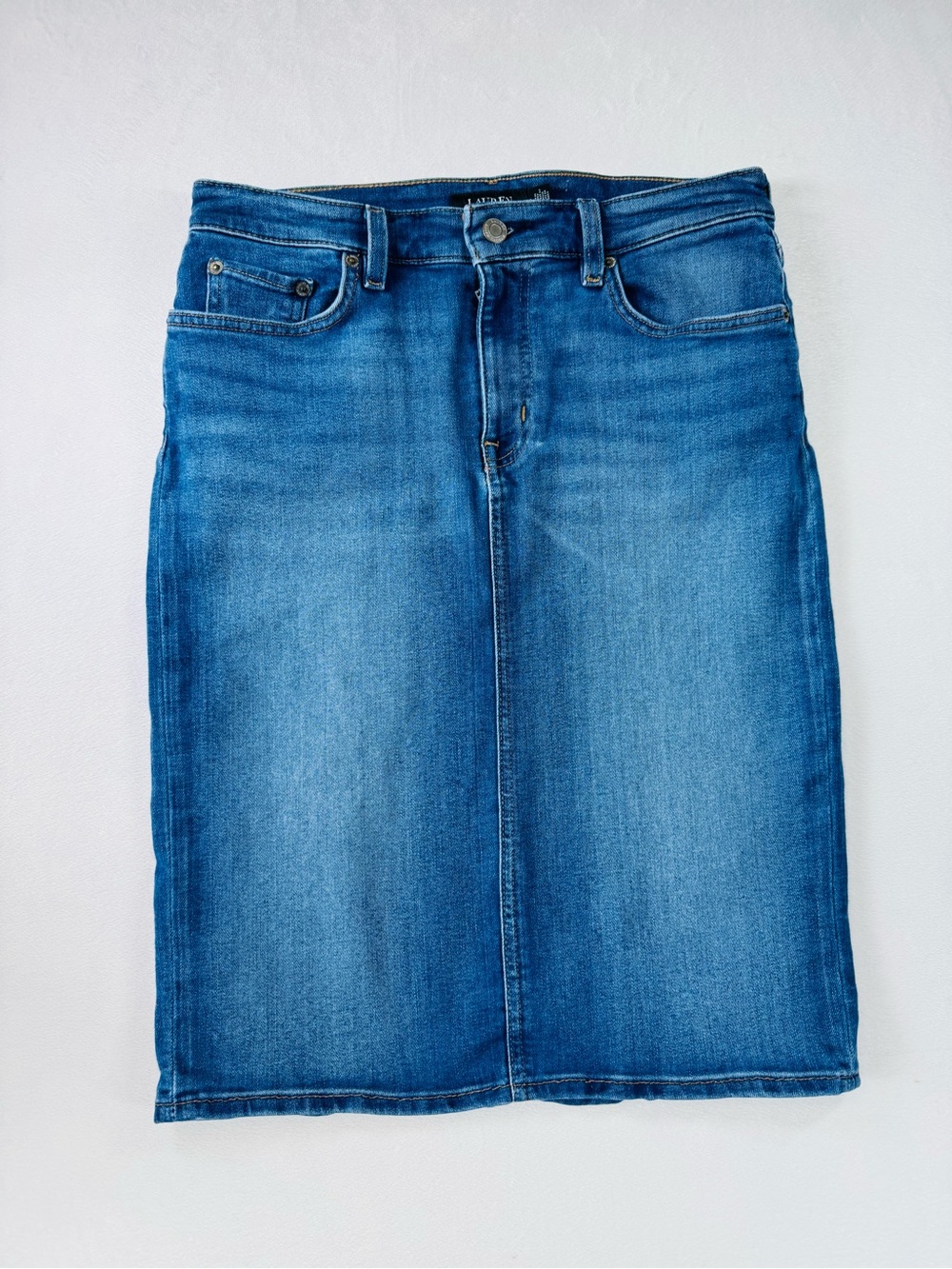 Ralph Lauren Blue Denim Pencil Skirt with Tan Leather Patch US 8